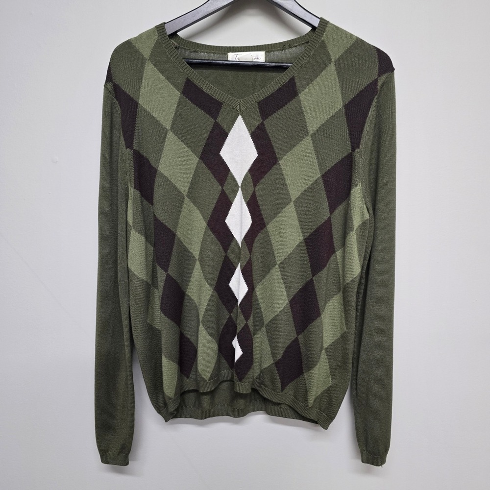 Tradition Argyle Sweater Women XL Green Rayon Blend V-Neck Preppy Academic